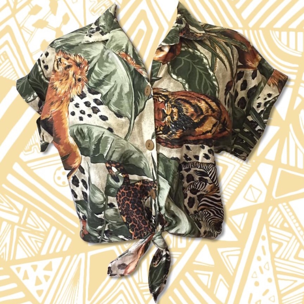 Vintage Jungle Pattern Button Up Knotted Crop Top